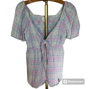 ISABEL ~ Maternity Colorful Plaid Top with Center Tie